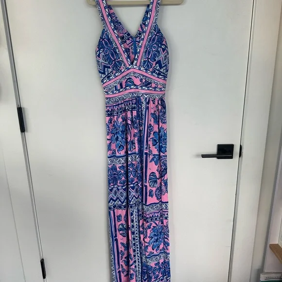 lilly pulitzer pink and blue dress Lilly Pulitzer Dress S Pink Blue Ravyn Off Shoulder Ruffle Feathers Midi  $198
